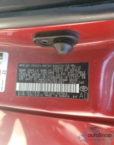 2012 Toyota Corolla Base из США, поврежденный, VIN 2T1BU4EE3CC901981